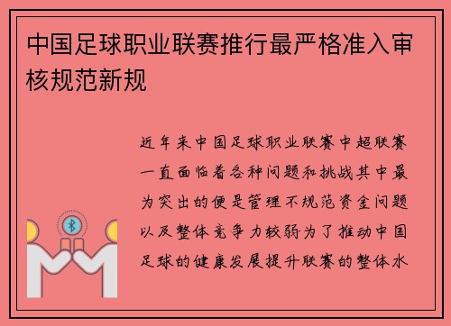中国足球职业联赛推行最严格准入审核规范新规 中国足球职业联赛推行最严格准入审核规范新规